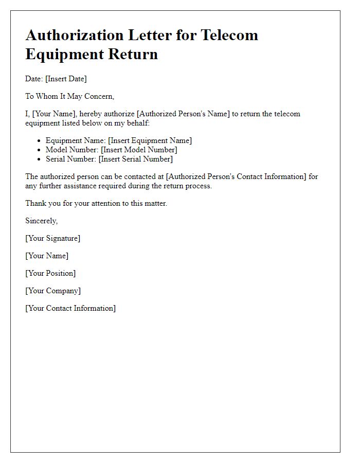 Letter template of Authorization for Telecom Equipment Return