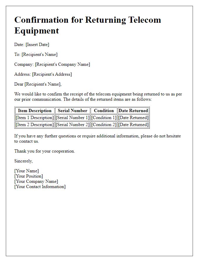 Letter template of Confirmation for Returning Telecom Equipment