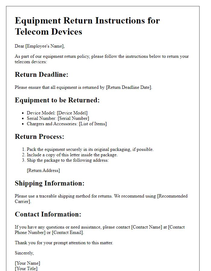 Letter template of Equipment Return Instructions for Telecom Devices