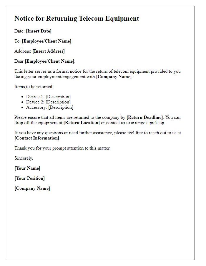 Letter template of Notice for Returning Telecom Equipment