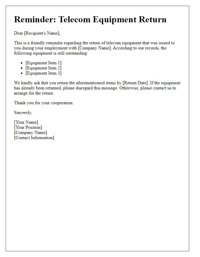 Letter template of Reminder for Telecom Equipment Return