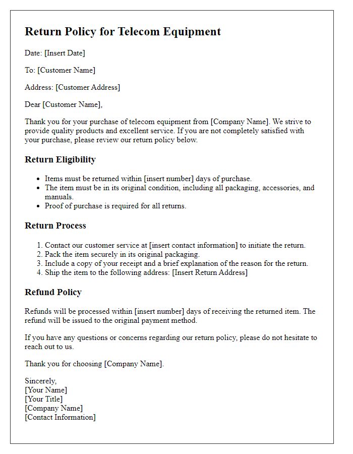 Letter template of Return Policy for Telecom Equipment