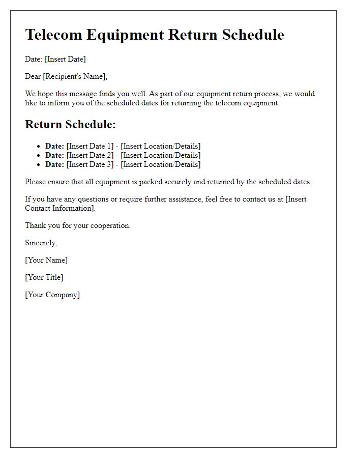 Letter template of Schedule for Telecom Equipment Return