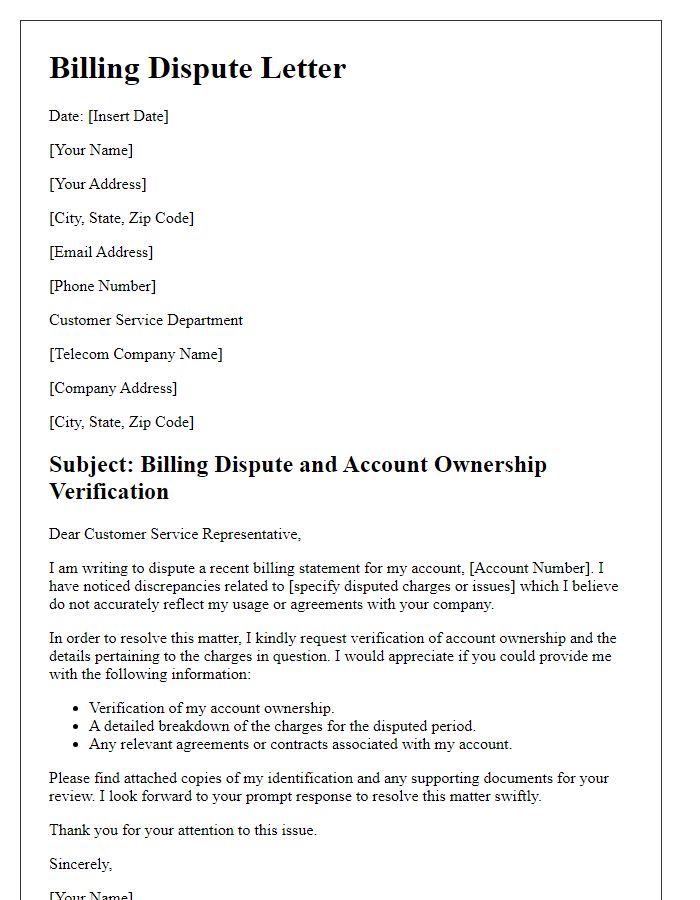 Letter template of telecom billing dispute for account ownership verification