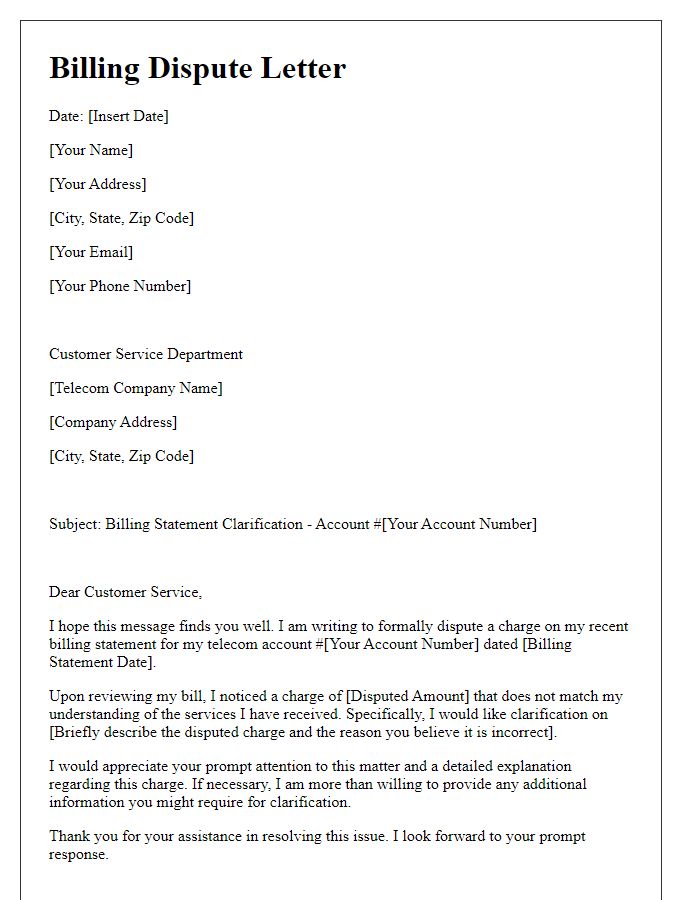 Letter template of telecom billing dispute for billing statement clarification