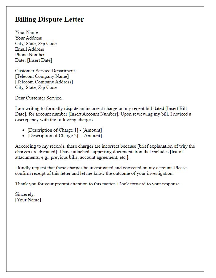 Letter template of telecom billing dispute for incorrect charges