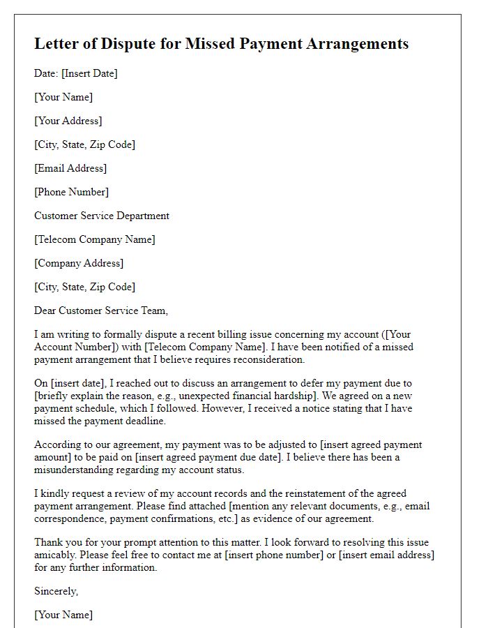 Letter template of telecom billing dispute for missed payment arrangements