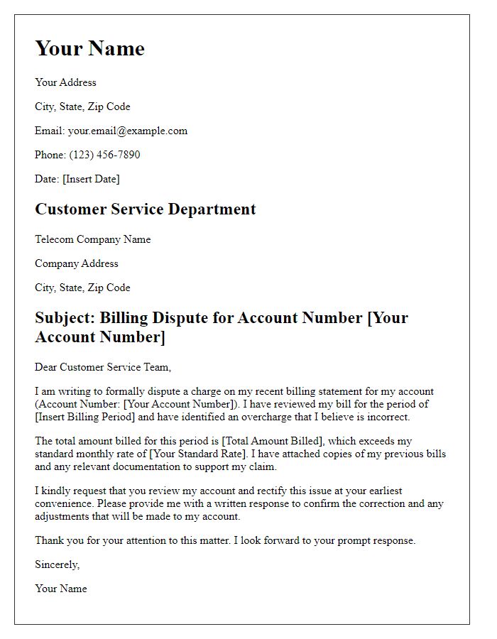 Letter template of telecom billing dispute for overbilling