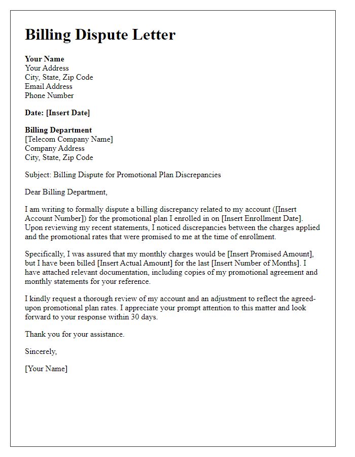 Letter template of telecom billing dispute for promotional plan discrepancies