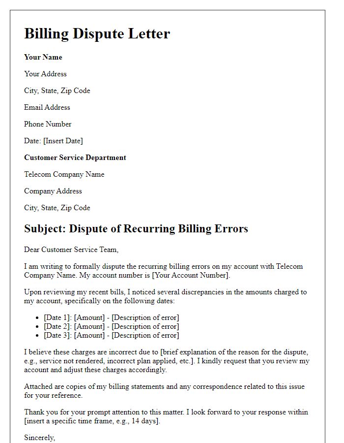 Letter template of telecom billing dispute for recurring billing errors