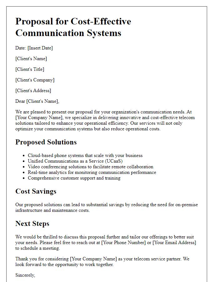 Letter template of corporate telecom service proposal for cost-effective communication systems.