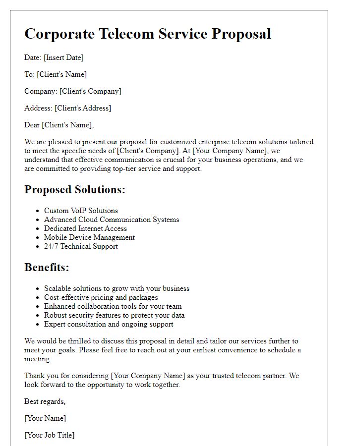 Letter template of corporate telecom service proposal for customized enterprise solutions.