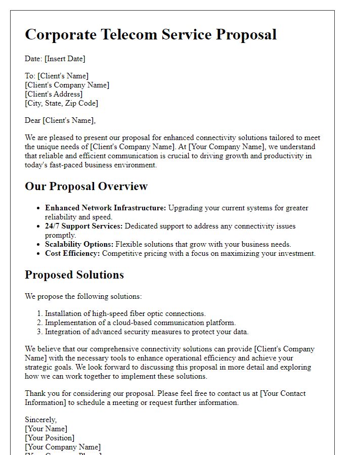 Letter template of corporate telecom service proposal for enhanced connectivity solutions.