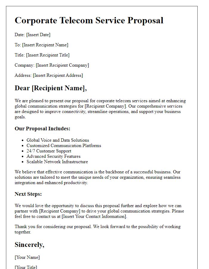 Letter template of corporate telecom service proposal for global communication strategies.