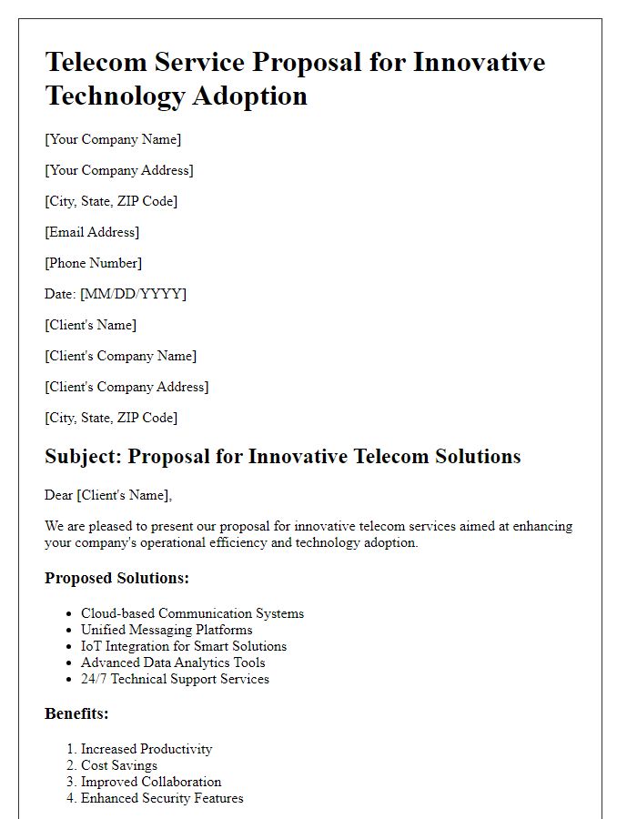 Letter template of corporate telecom service proposal for innovative technology adoption.