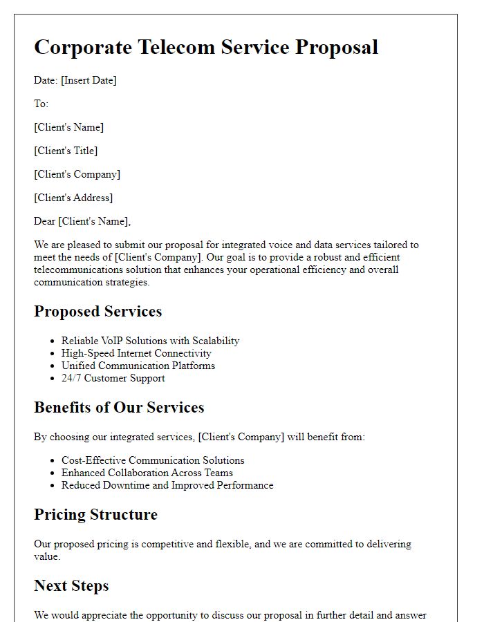 Letter template of corporate telecom service proposal for integrated voice and data services.