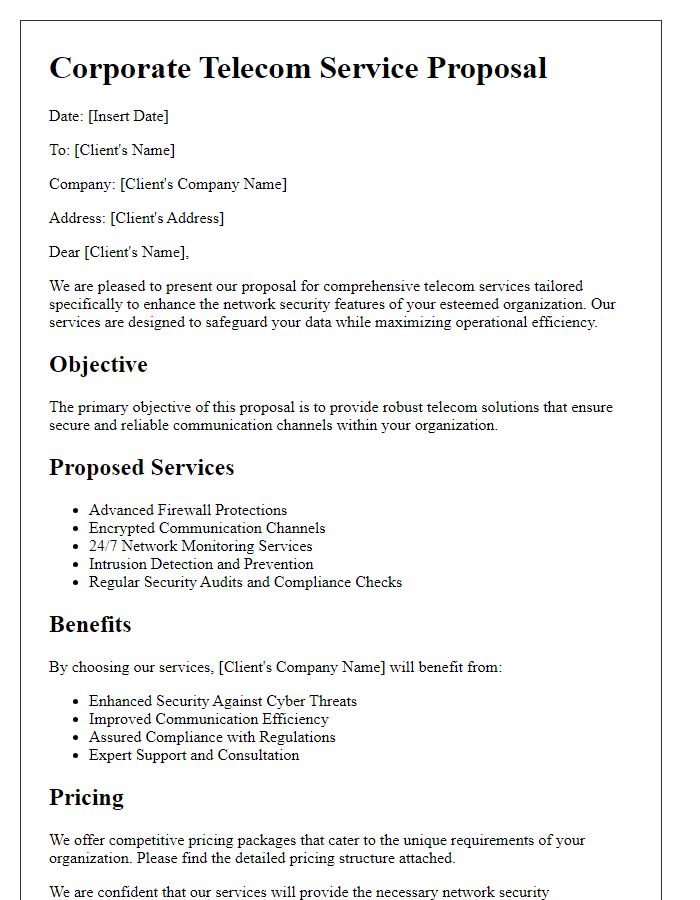 Letter template of corporate telecom service proposal for robust network security features.