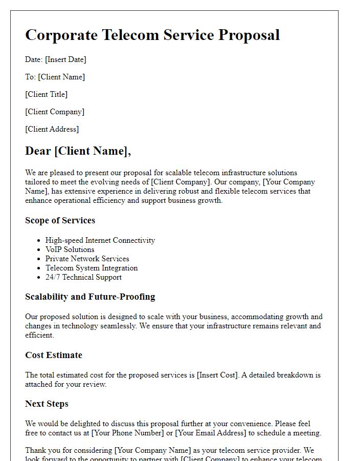 Letter template of corporate telecom service proposal for scalable telecom infrastructure.