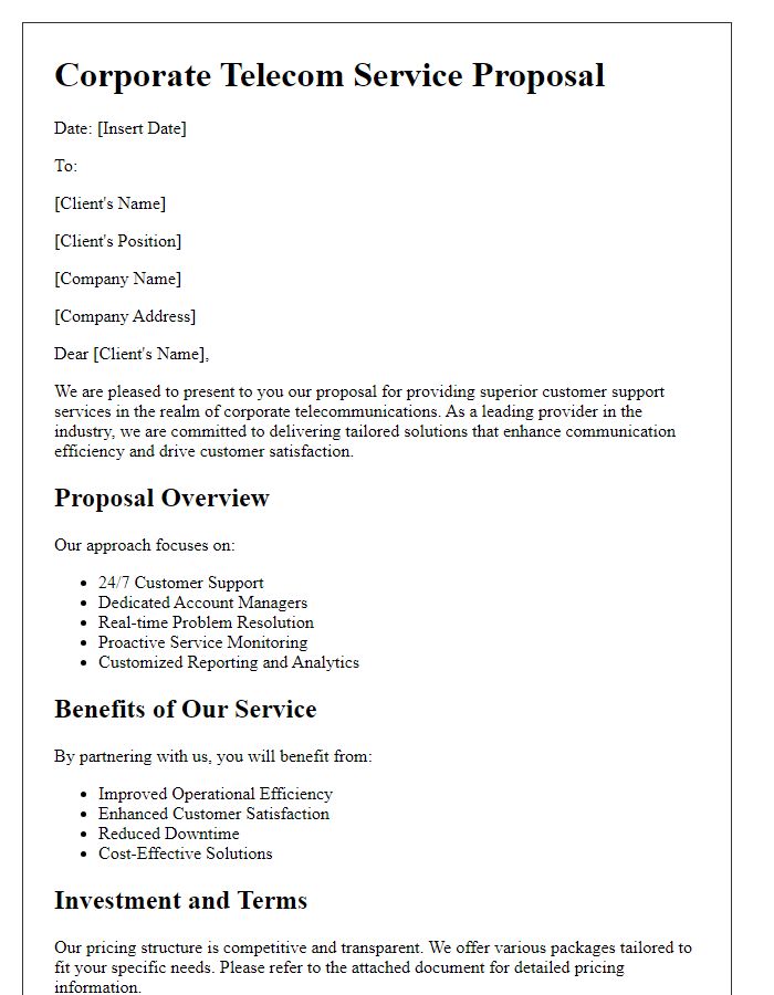 Letter template of corporate telecom service proposal for superior customer support services.