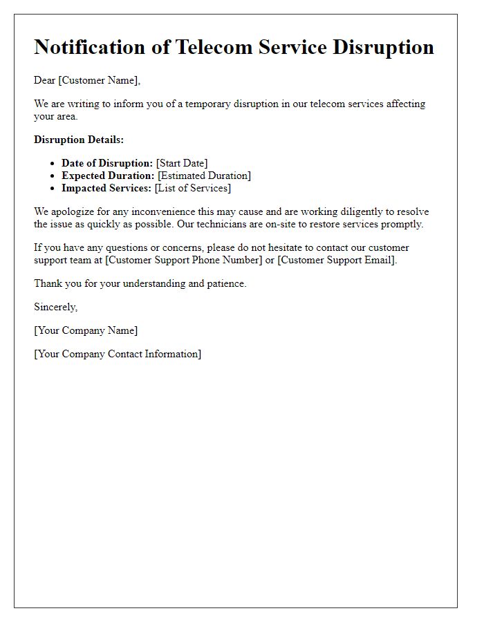 Letter template of telecom disruption notification