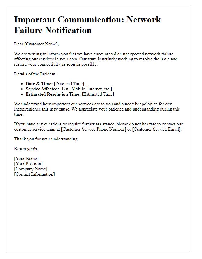 Letter template of telecom network failure communication