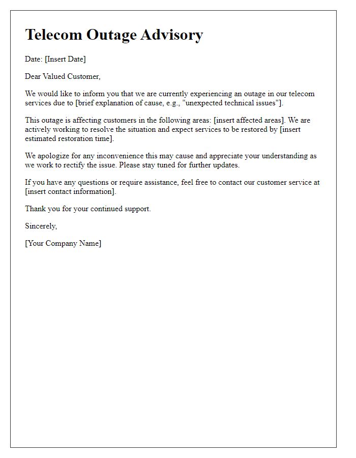 Letter template of telecom outage advisory