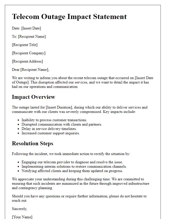 Letter template of telecom outage impact statement