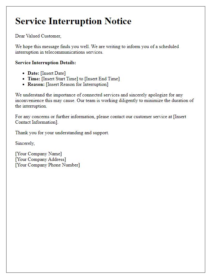 Letter template of telecom service interruption notice