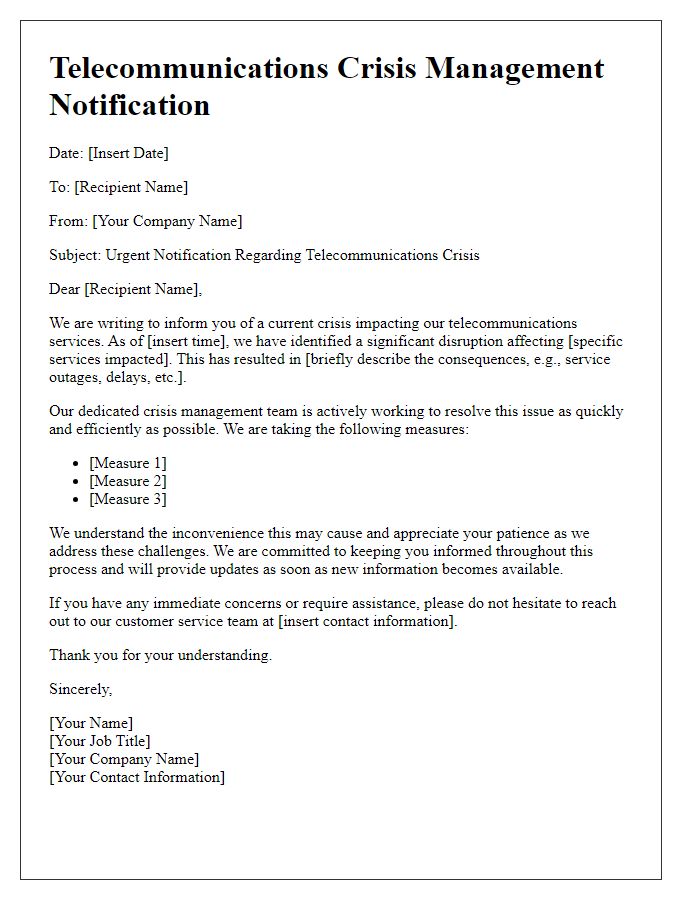 Letter template of telecommunications crisis management notification