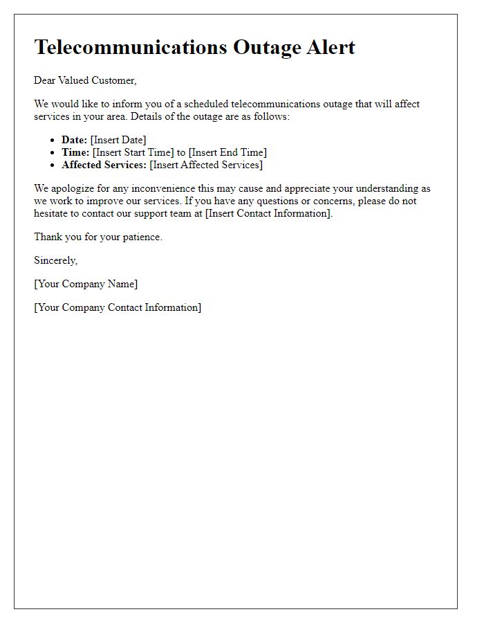 Letter template of telecommunications outage alert