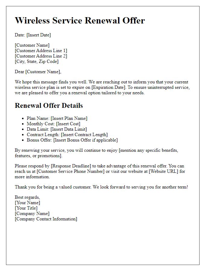 Letter template of Wireless Service Renewal Offer