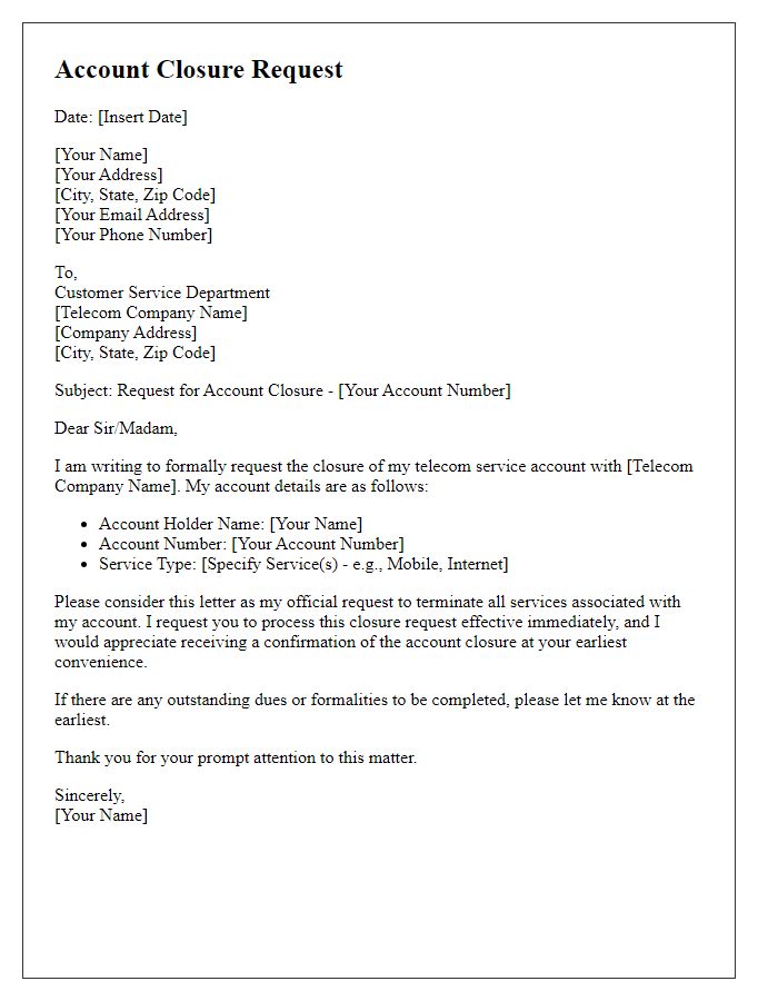 Letter template of telecom service account closure request