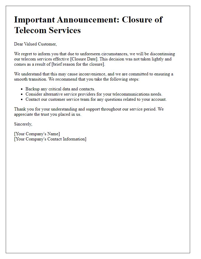 Letter template of telecom service closure announcement