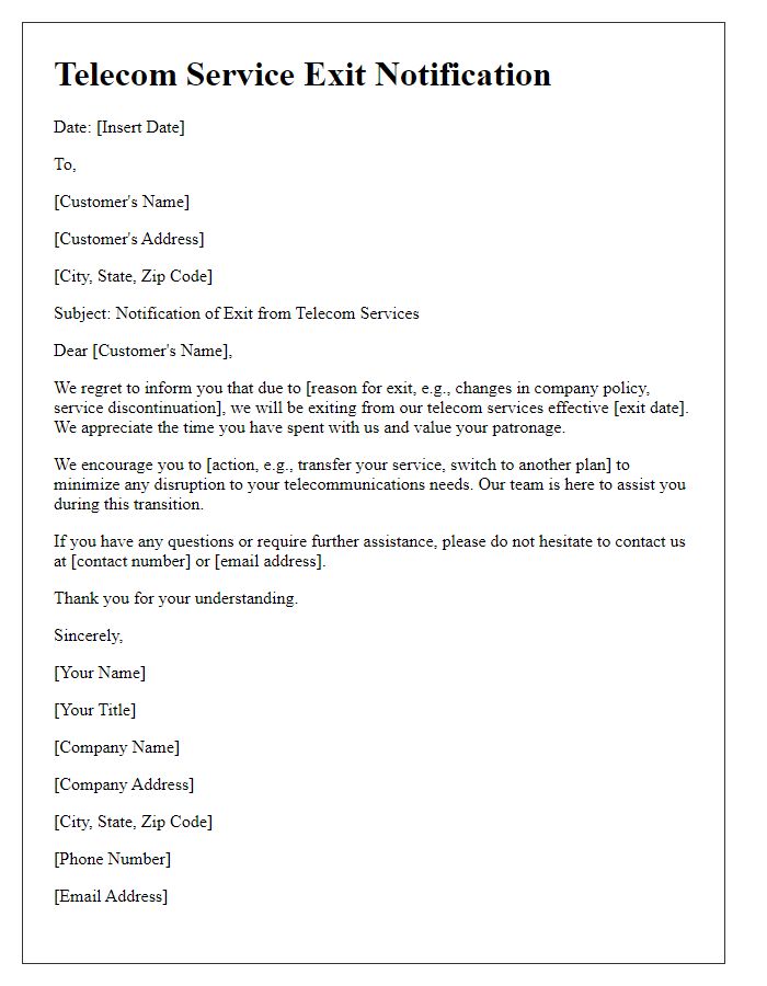 Letter template of telecom service exit notification