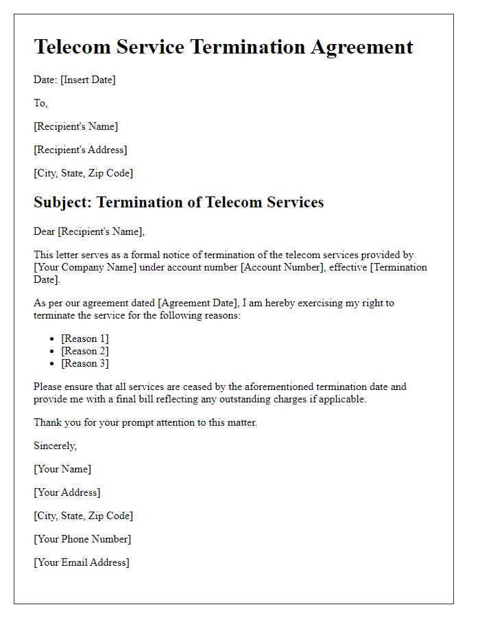 Letter template of telecom service termination agreement