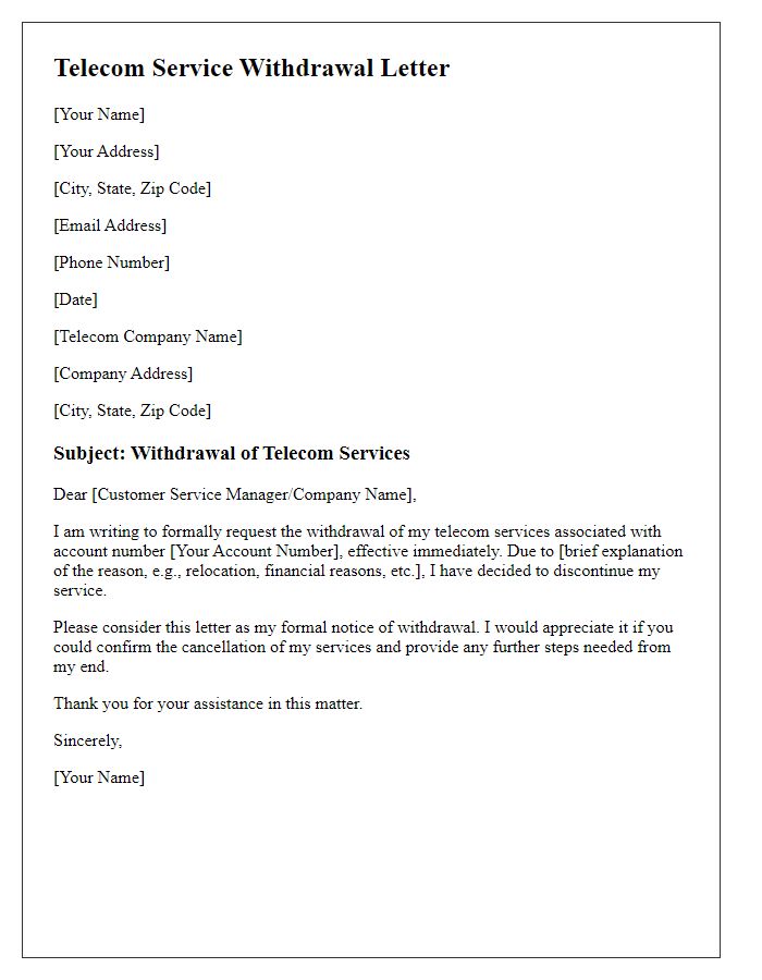 Letter template of telecom service withdrawal letter