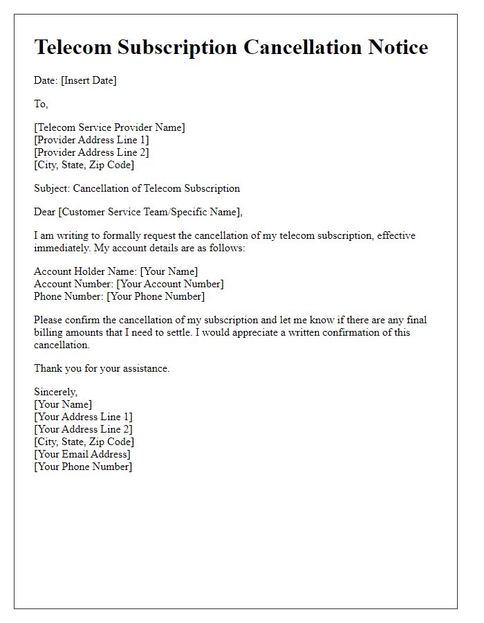 Letter template of telecom subscription cancellation notice