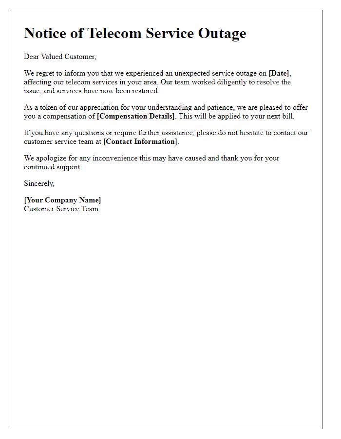 Letter template of telecom outage notification with compensation details.