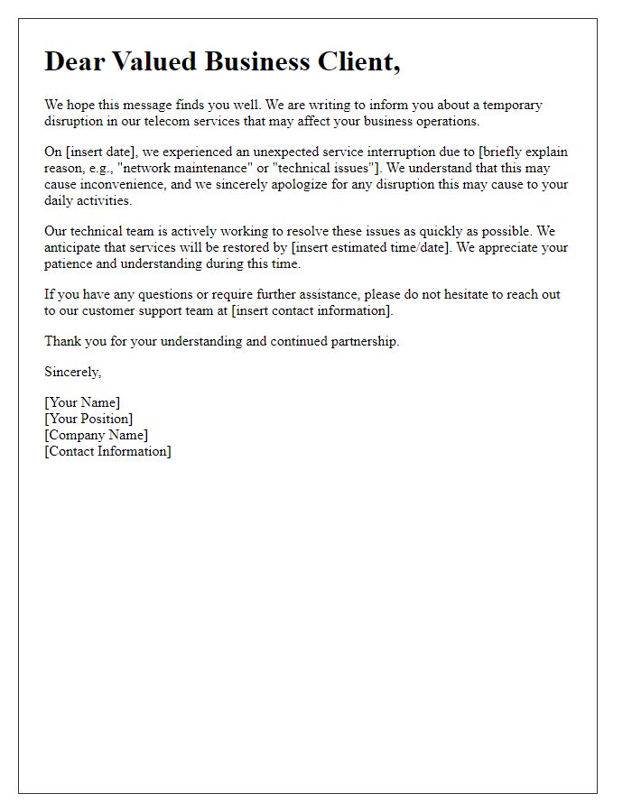 Letter template of telecom service disruption explanation for business clients.