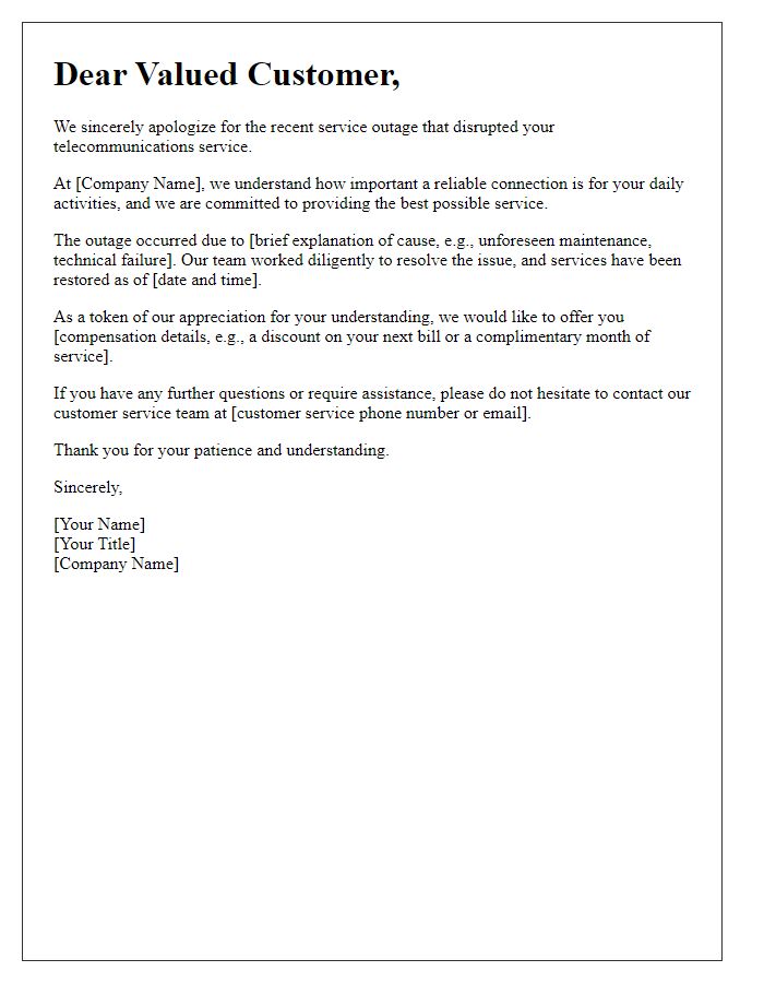 Letter template of telecom service outage apology for residential users.