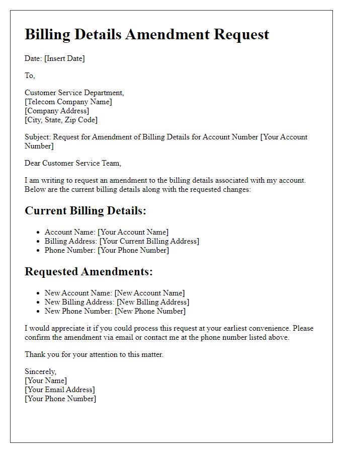 Letter template of telecom account billing details amendment