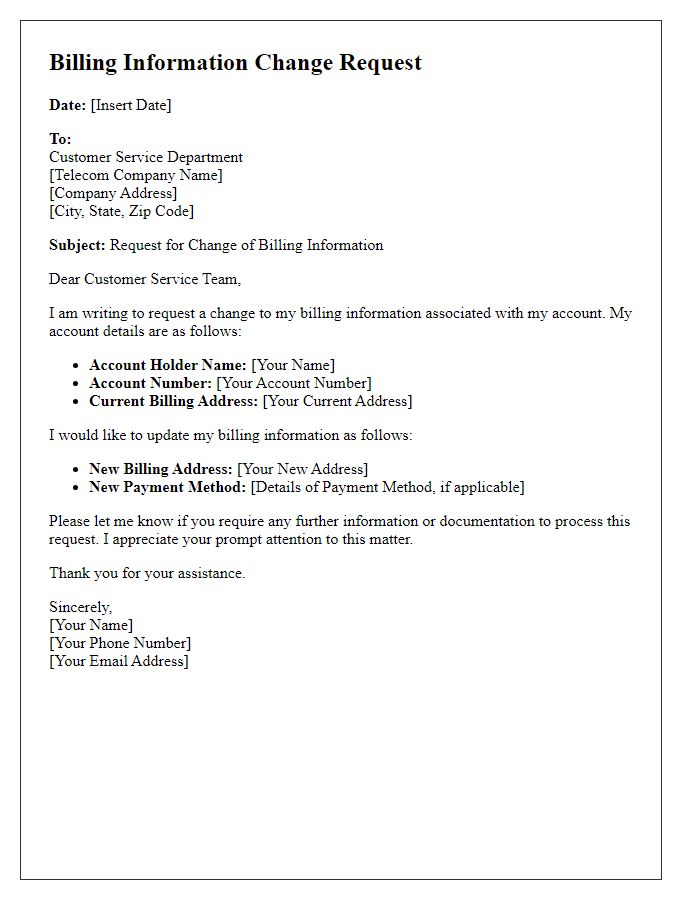 Letter template of telecom billing information change request