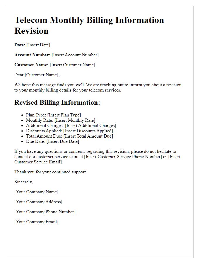 Letter template of telecom monthly billing information revision