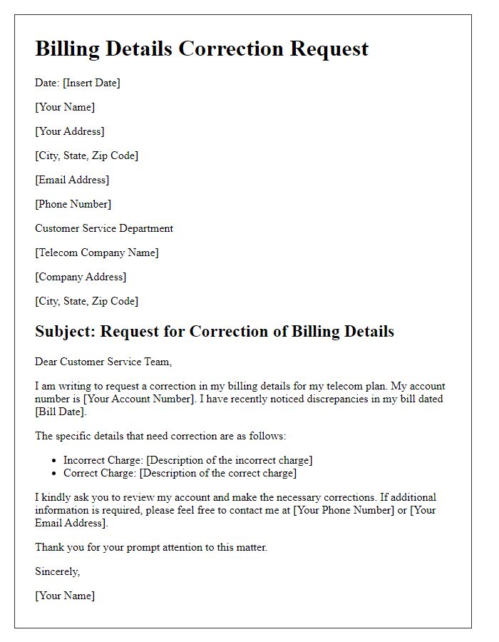 Letter template of telecom plan billing details correction