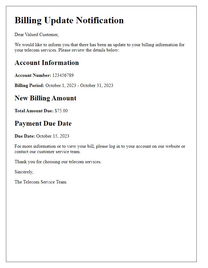 Letter template of telecom service billing update notification