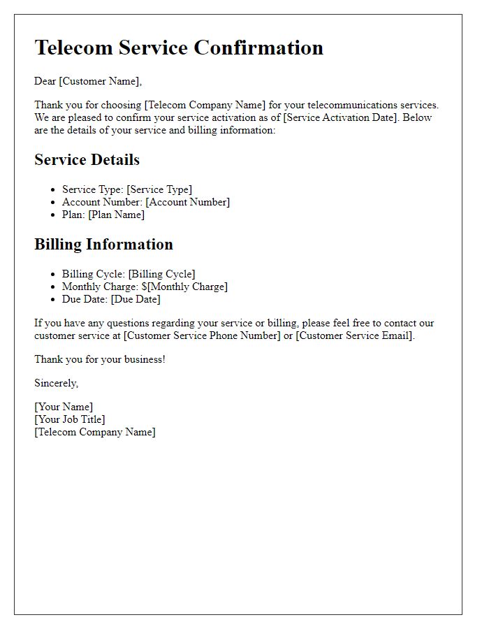 Letter template of telecom service confirmation with billing information