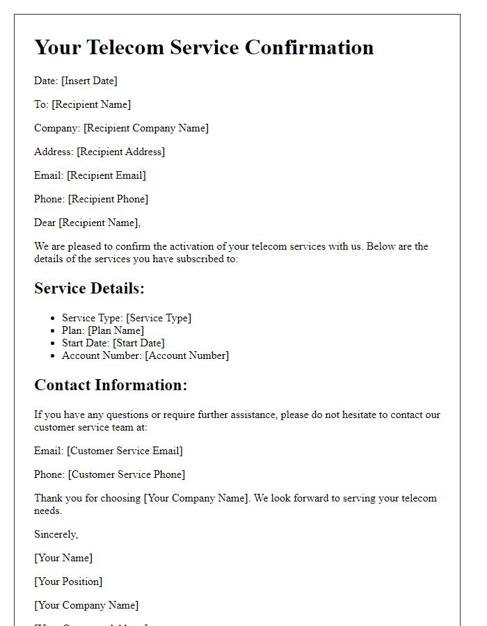 Letter template of telecom service confirmation for business accounts