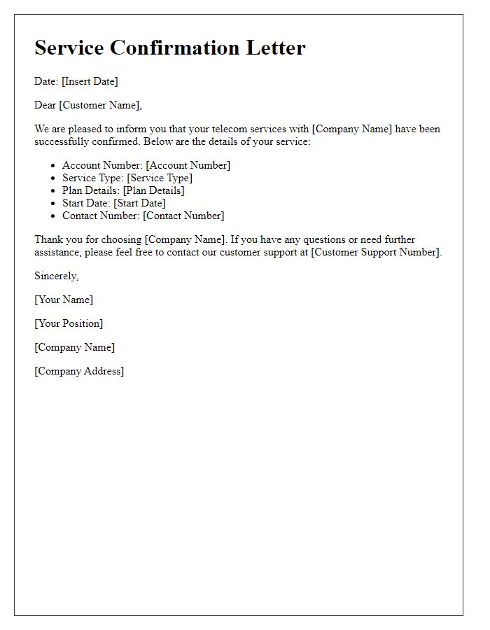 Letter template of telecom service confirmation for existing customers