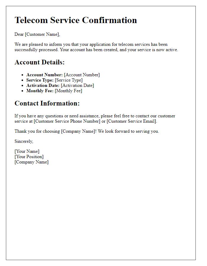 Letter template of telecom service confirmation for new customers
