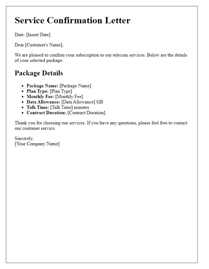 Letter template of telecom service confirmation with package details